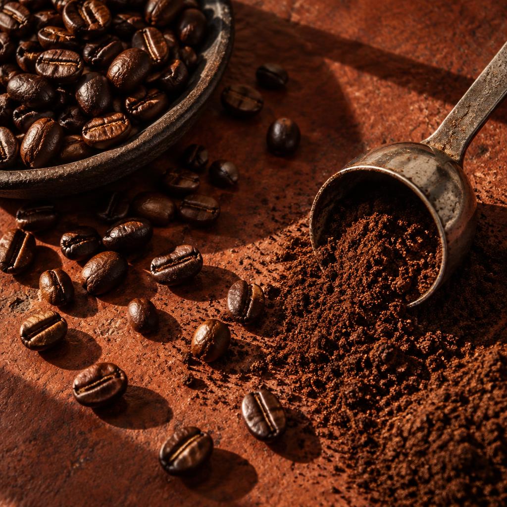 Fresh coffee grounds and roasted beans on terracotta