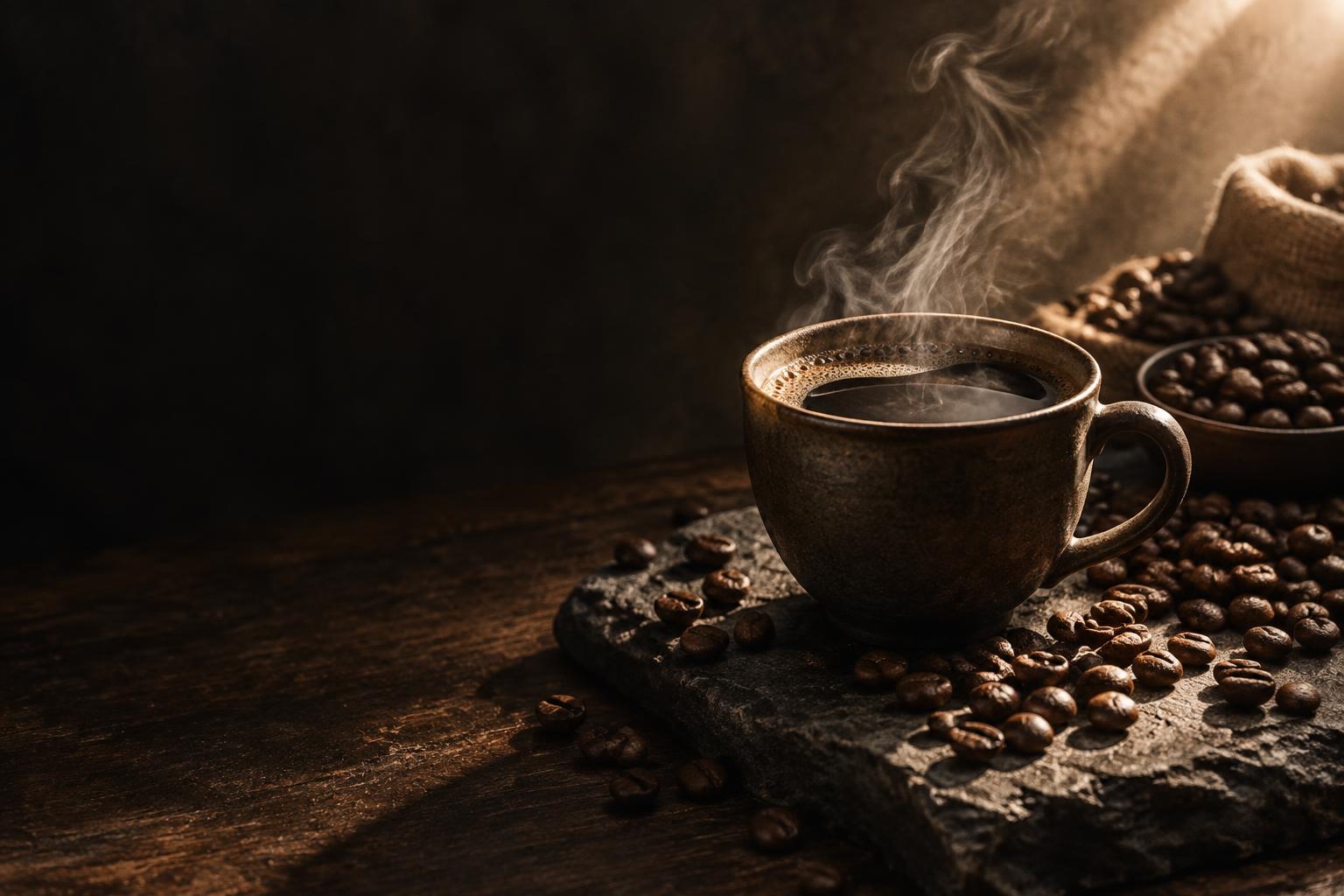 Steaming ceramic cup surrounded by freshly roasted coffee beans