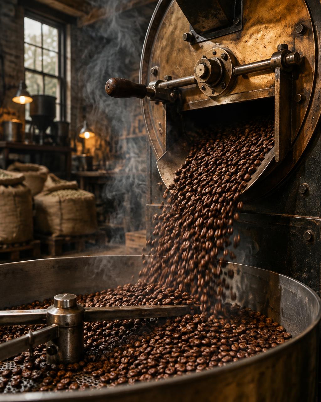 Fresh beans spilling from a brass coffee roaster